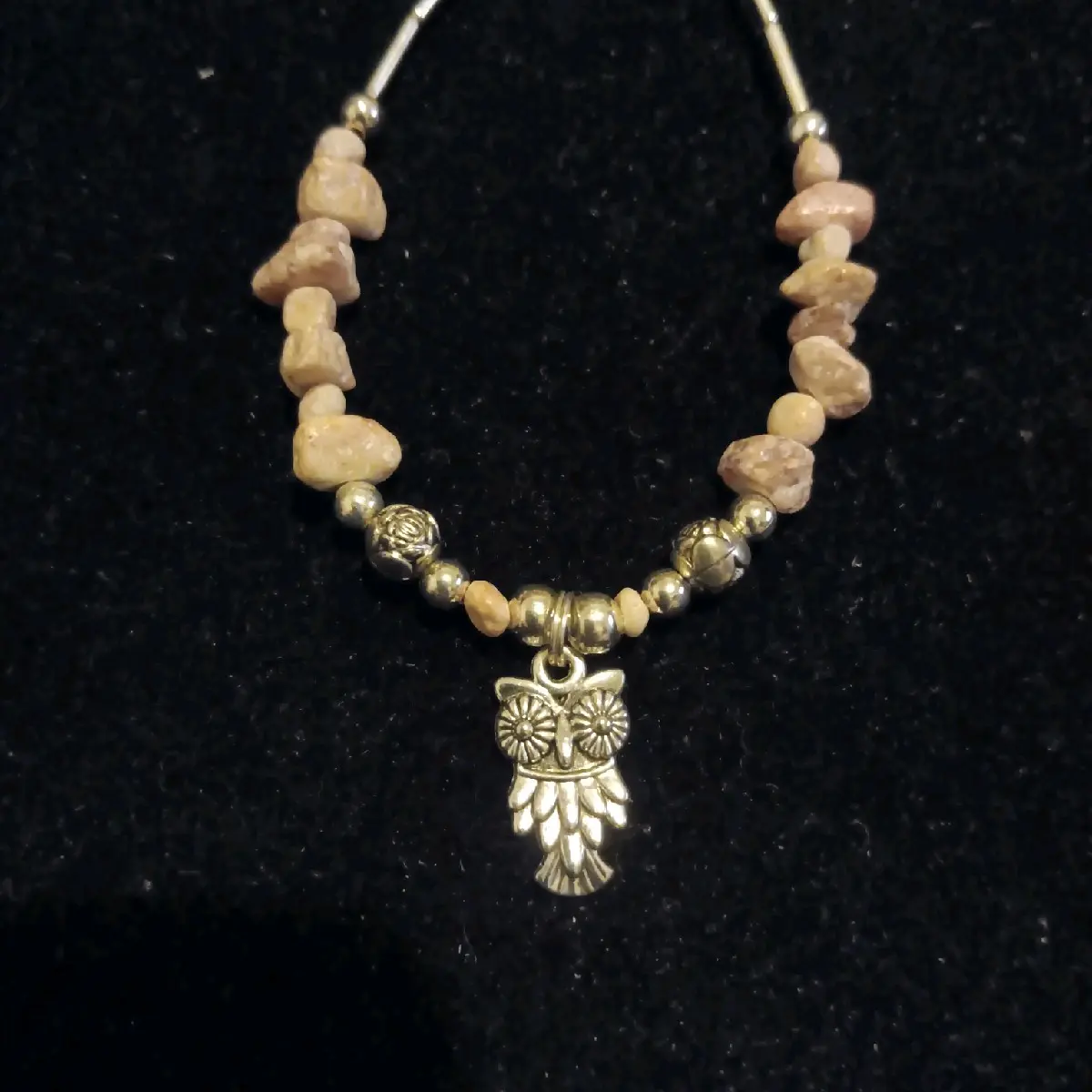 Navajo Handmade silver owl charm bracelet with yellow agate and rosebud design beads
