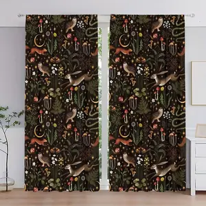 Forest Animal & Floral Print Curtains Set, Spring Summer Scenery, Rod Pocket Design, Polyester Material, Semi-Transparent