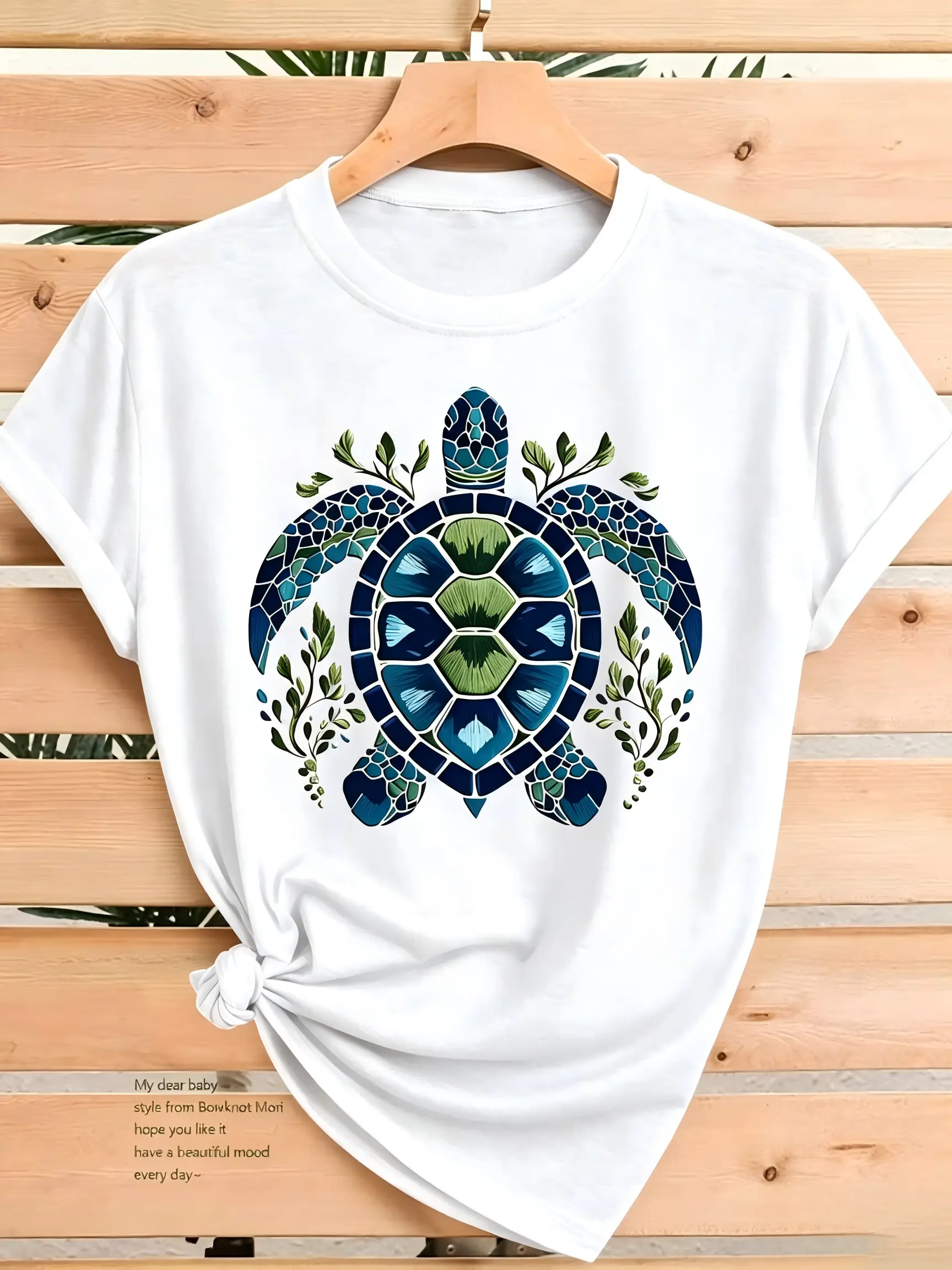 Mosaic Sea Turtle Floral Graphic Black Crewneck T-Shirt, Boho Ocean Vacation Casual Short Sleeve Top
