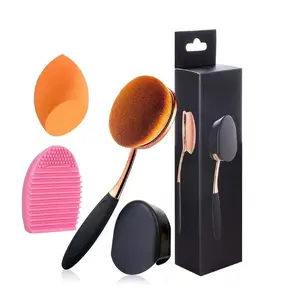 Large Rose Gold Oval Makeup Brush Set – Foundation & Contour Toothbrush-Style Brushes with Blending Sponge, Brush Cleaner Egg & Dustproof Cover