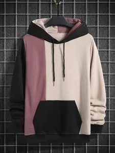 Men's Colorblock Drawstring Hoodie, Casual Regular Fit Kangaroo Pocket Hooded Long Sweatshirt for Spring & Fall, Fashion Men's Clothes for Daily Wear Stretch