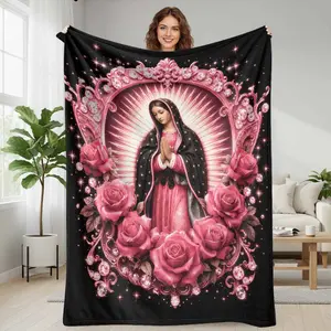 Virgin Mary floral velvet blanket  intricate rose and diamond print  super soft plush  luxurious  cozy  perfect for home decor  bedroom  living room  sofa  couch  travel  spiritual gift  thoughtful present. summerwins