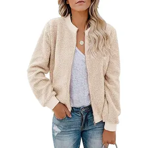 Women's Fall Fleece Bomber Jacket Trendy Sherpa Winter Coat Fuzzy Casual Long Sleeve Zip Up Loose Fit Jackets