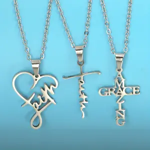3 stainless steel faith letter heart pendants AmazingGra faith cross church prayer religious pendant necklace set