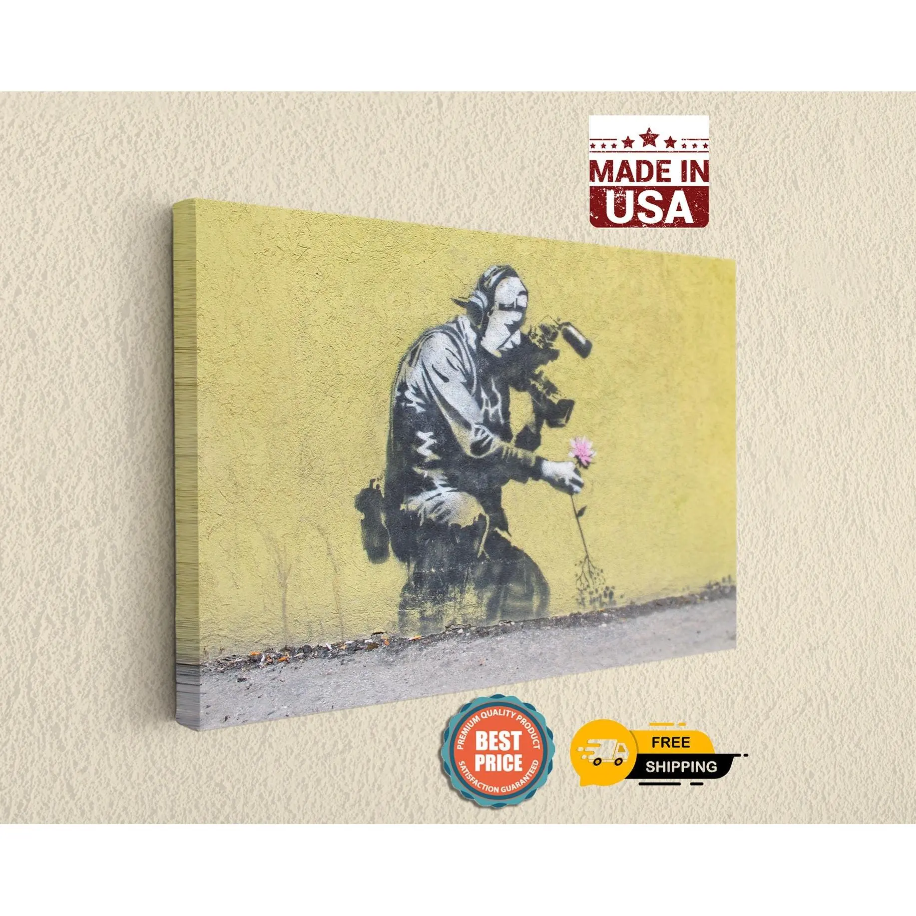 Cameraman and Flower Street Art Banksy on Canvas Print - Home Decor - Lightweight and Durable -Ready To Hang Canvas Print