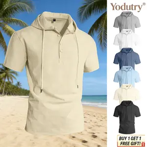 Men’S Linen Short Sleeve Hooded Shirt – Lightweight Breathable Casual Beach T-Shirt Solid Color Summer Hoodie Top