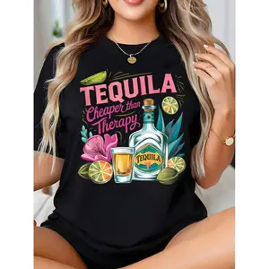 Tequila Cheaper Than Therapy Graphic Tee For Women With Bottle And Lime Design, Perfect For Cocktail Party, Cinco De Mayo, Or Fun Night Out, 220g
