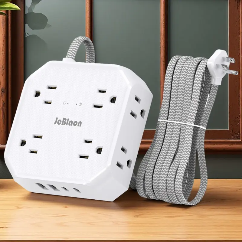 JcBlaon 12-in-1 Functionality Rectangular Surge Protector Power Strip - 5Ft Braided Extension Cord, 8 Outlets, USB Ports Socket (2 Type-C, 2 USB-A, 5V), 1250W Load, 0.35-in Ultra-Thin Easy-Fit Flat Plug for Home Office Indoor Use