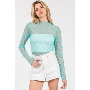 Floral Mesh Lace Top - Aqua