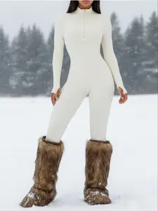 Women's Solid Zip Up Skiing Jumpsuit, Long Sleeve thermal Quick-Dry Jumpsuit for Skiing Cycling, Ladies Sportswear for Fall & Winter, Yoga Gym Workout Wear, 3D Structural Seam Design, Sportswear Jumpsuits, Quick Drying Jumpsuit, Stretchable Activewear