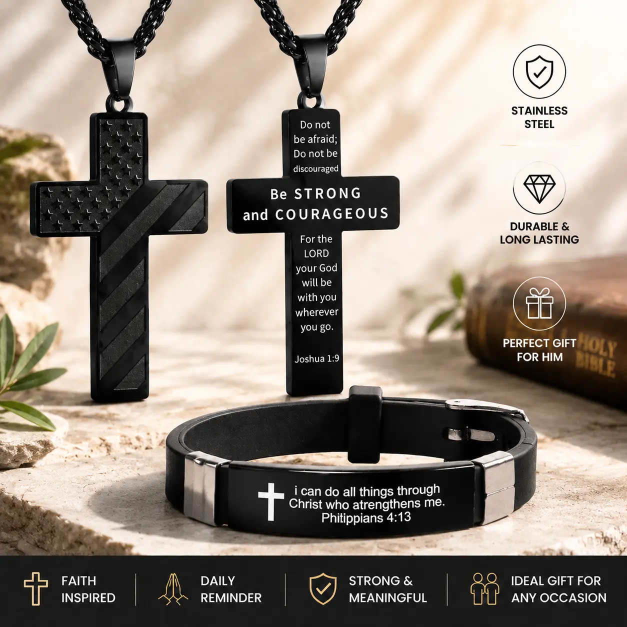 Men's Stainless Steel Multilayer Necklace - 18-24in Adjustable Black Finish Chain, American Flag & Bible Verse Pendant, Inspirational Jewelry Gift for Boyfriend, Adults' Stainless Steel Chain Jewelry Sets Accessory