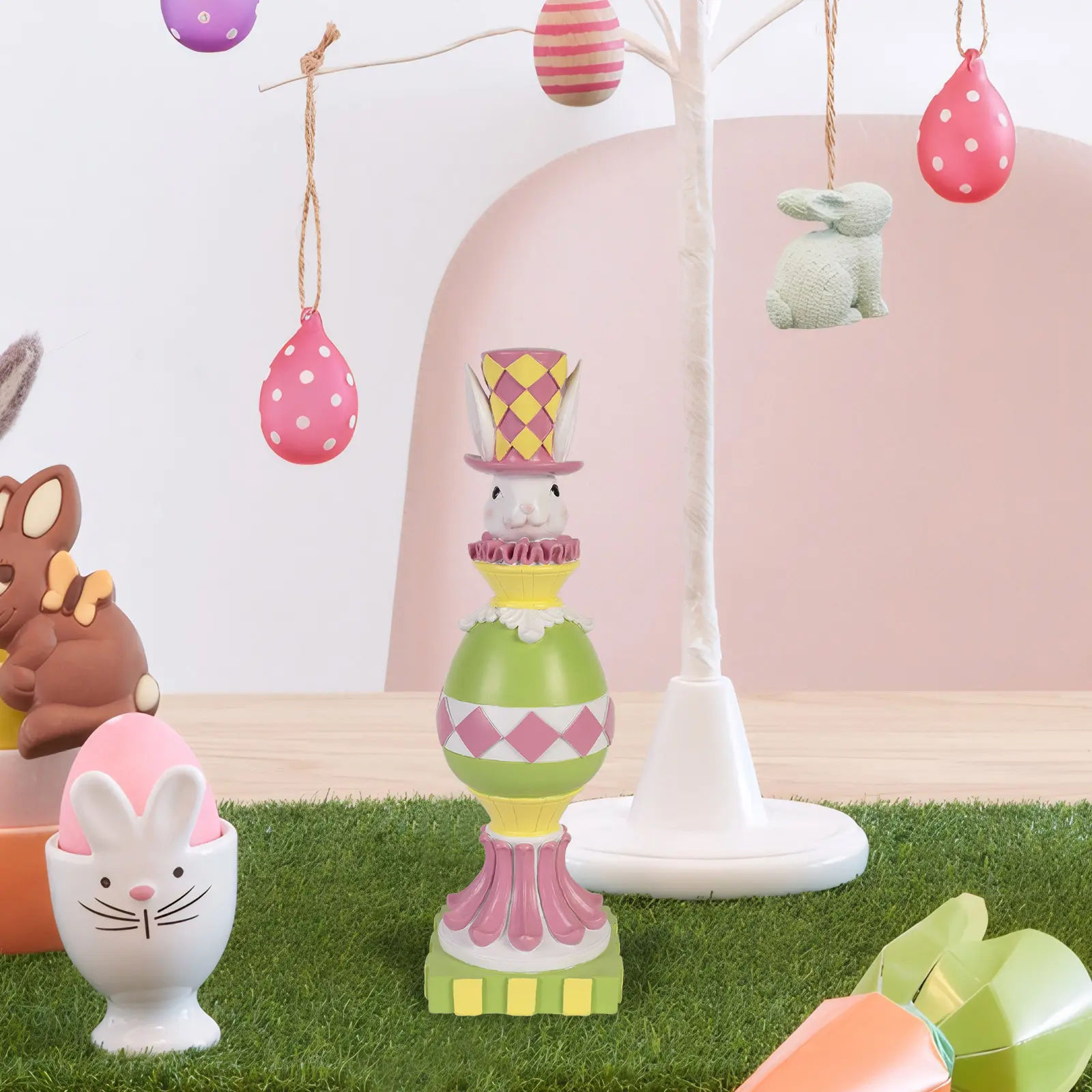 Easter Bunny Decor Indoor, Resin Green and Pink Checkered Bunny Gift, Easter Rabbit Figurines Decoration for Home Table Centerpieces