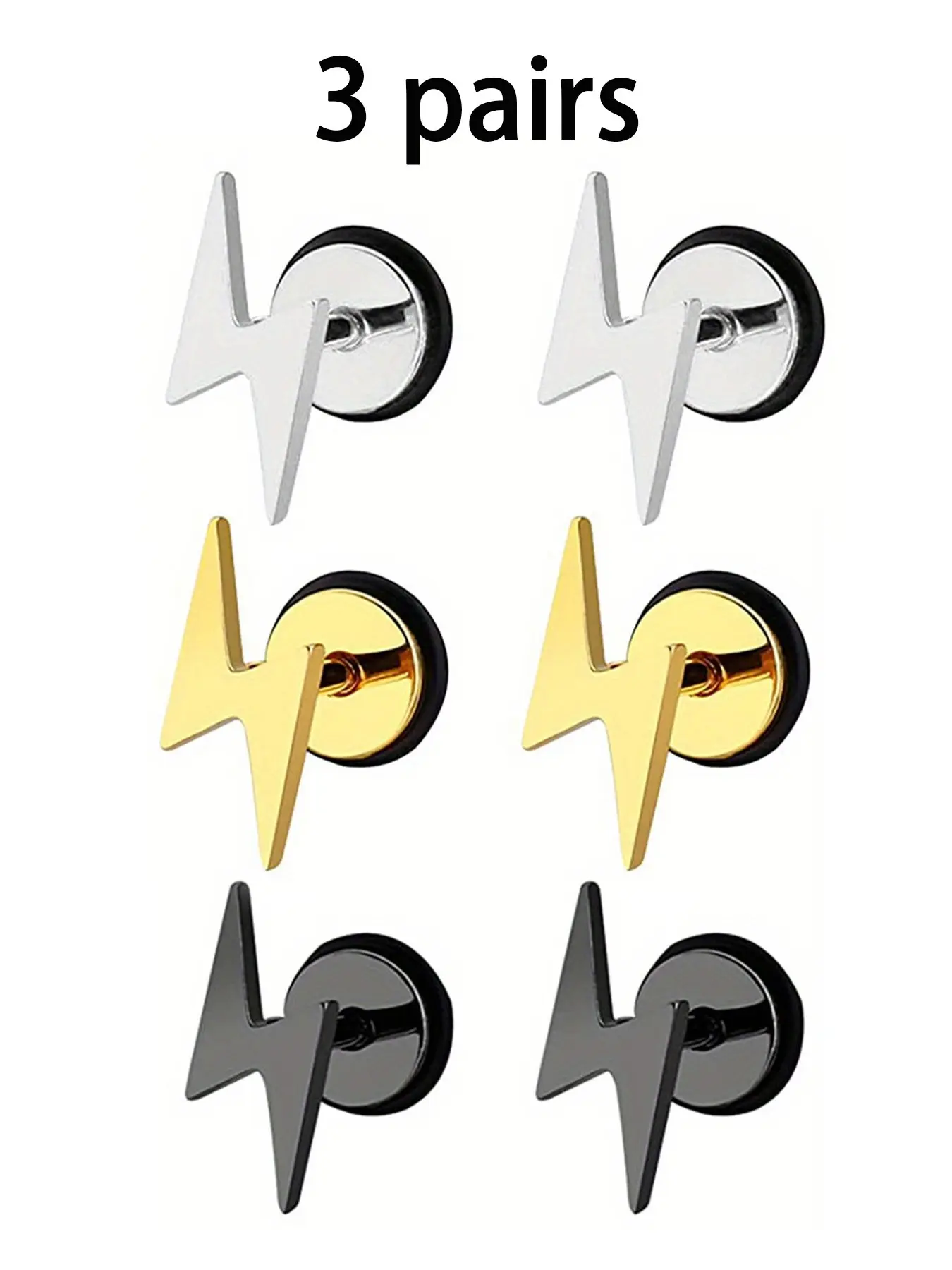 3 pairs of punk-style stainless steel lightning pattern ear studs with vacuum plating, non-fading, low-allergenic ear jewelry for men and women, suitable for ears.