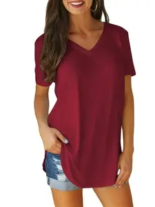 Women's Solid Color Top V-Neck Short Sleeve T-Shirts in Wine Red Casual Style