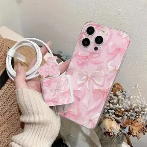 5 Piece Set Transparent Bowknot Phone Case, Charger Head Cover, Cable Protector, Storage Rope, Anti-Drop Tpu Shell for iPhone, Decorative Phone Protector