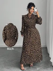 Plus Size Leopard Print Long Sleeve Dress, Ruffle V Neck, High Waist Elastic Design, Wild Sexy Resort Style, Beach Party, Romantic Date, Evening Event