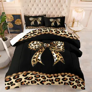 Leopard Print Bow Pattern Comforter Set, Soft And Durable Bedding Set, Including 1 Comforter And 1 Or 2 Pillowcases, Suitable For Children And Adults Daily Holiday Birthday Gifts Bedroom Decorations, Soft Bedding Sets