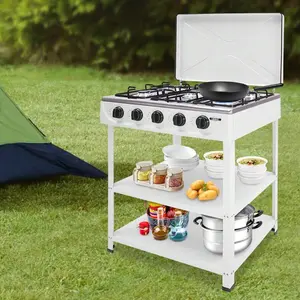 Stove With 5 Burners, Outdoor Freestanding Stove Portable Cooker BBQ Grill With 2-Tier Storage Rack For RV Camping