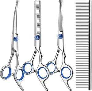 4 in 1 Dog Grooming Scissors Kit – Pet Grooming Shears Set with Safety Round Tips, Straight Curved Thinning Scissors and Comb for Dogs & Cats