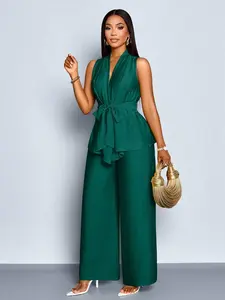 Women's 2pcs/Set Solid Color Linen-Like Belted V-Neck Sleeveless Blouse And Wide Leg Pants Set