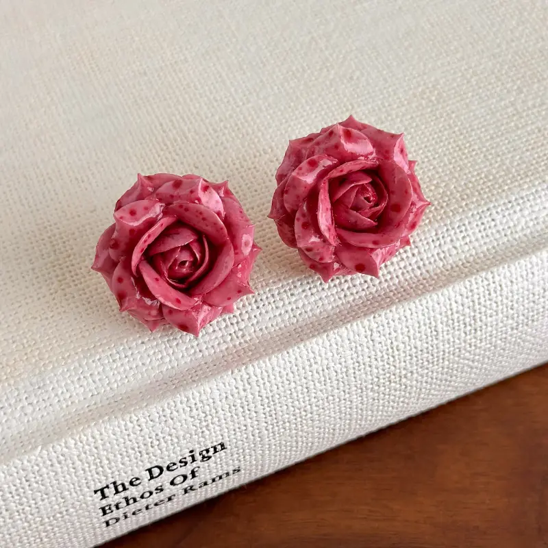 Resin 3D Pink Speckled Rose Flower Stud Earrings, Sweet Romantic Floral Earrings, Fashion Jewelry Gift For Women Girls