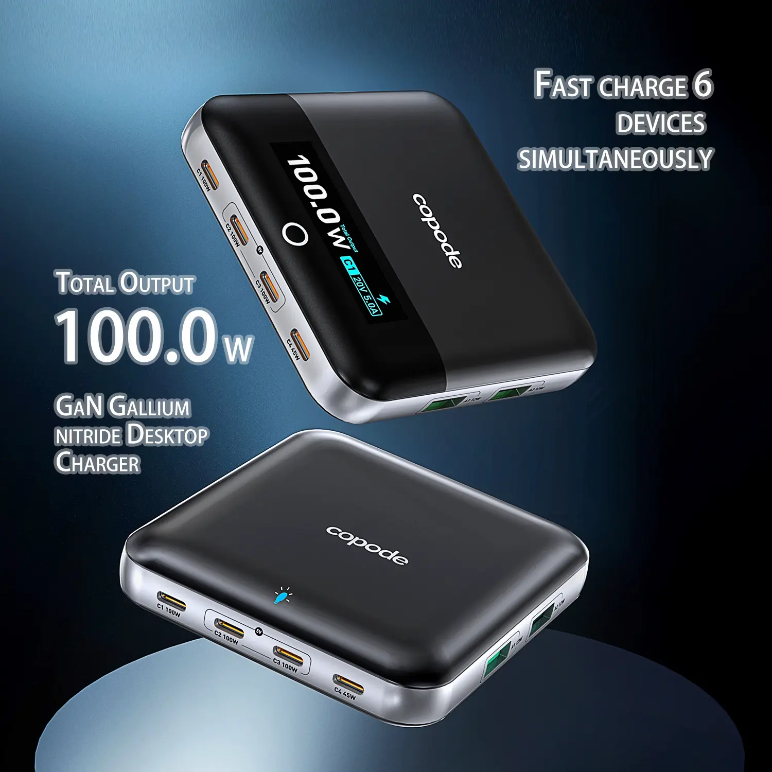 100W GaN Desktop Charger - 6-Port Smart Digital Display Charging Station (4 C, 2 A Ports) for Laptops, MacBooks, iPhones