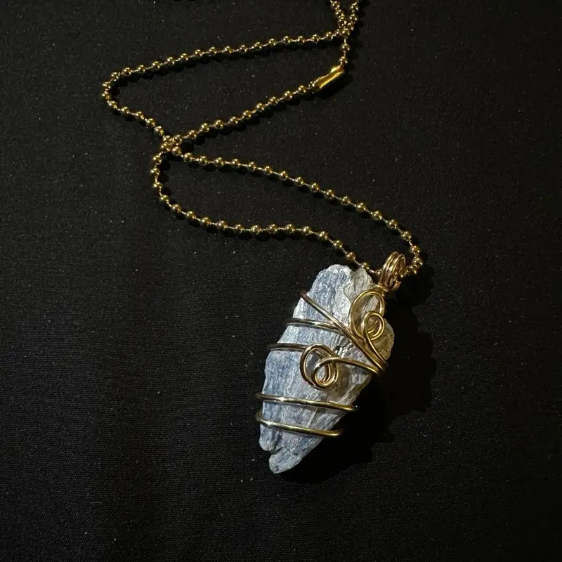 (Upgraded) Natural Blue Kyanite Shards with Wire Wrapping - Gold Plate over Copper/Copper - 1.50” Crystals Wrapped Pendants crystal necklace inner peace