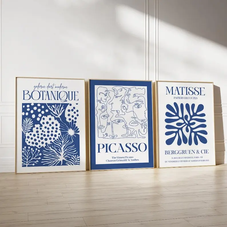 Set of 3 Blue Matisse, Henry Matisse and Bauhaus Prints, Beige Wall Art Prints, Famous Artists Prints, Blue Wall Art Poster Prints