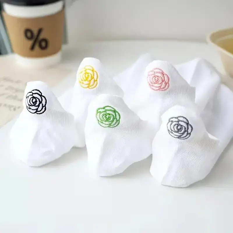Women White Mesh Ankle Socks 10 Pack, Colorful Rose Embroidery Casual Low Cut Socks, Breathable Thin Socks for Sneakers Daily Wear