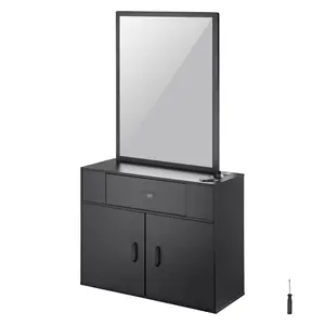 Wall Mounted Salon Organizer For Hairdressers With Mirror, Three Holder Compartments, Dual-Door Storage And A Single Drawer, Black Finish - Professional Wall Hanging Cabinet For Beauty Salons, Barbershops, And Spas