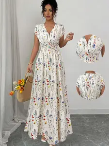Women's Floral V-Neck Sleeveless Waist-Cropped Long Dress, Elegant Style, Perfect for Casual Wear, Comfortable & Stylish Design
