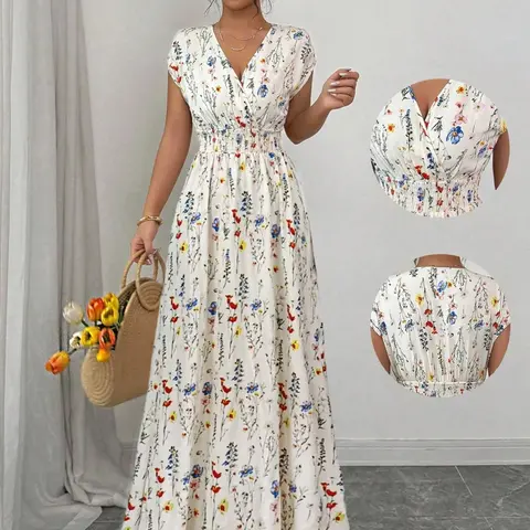 Women's Chic Floral Print V-Neck Sleeveless Cinched-Waist Long Dress, Comfortable, Lightweight, Breathable & Stylish Design, Elegant Style Casual Wear, Floral Print Dresses