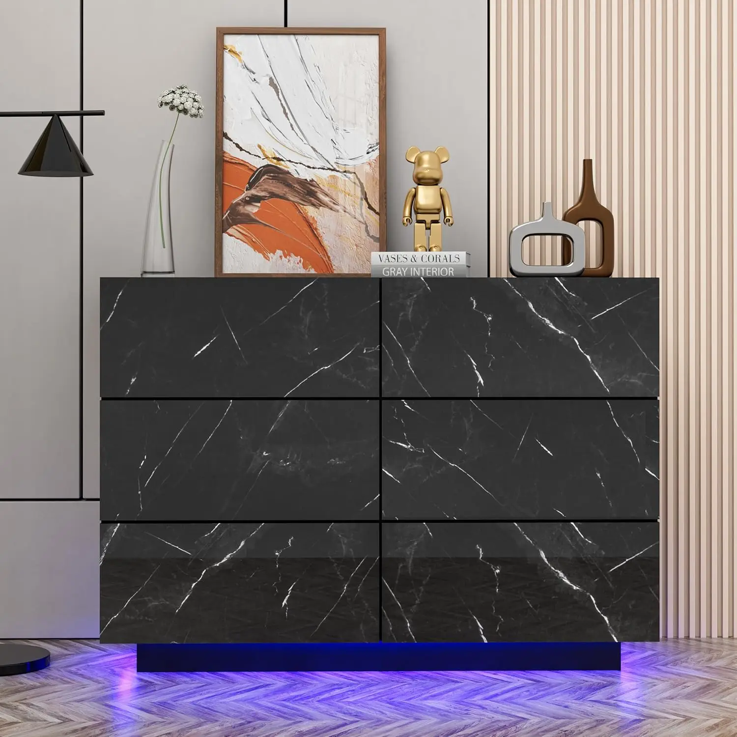 Anbuy LED Black Marble 6 Drawer Double Dresser with Light, Modern Dresser with High Gloss Drawers Dual Chest of Drawers Dresser for Bedroom with Light