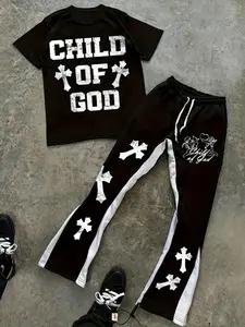 Men's Fashion Street Style Bell Bottom Pants Set, Color Block Design, Gothic Cross and Letter Print, Casual Slim Fit, All Seasons