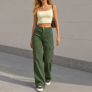 Army Green High Waist Cargo Wide Leg Pants Side Big Pocket Baggy Denim Trousers Y2K 90s Vintage Streetwear Outfit