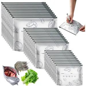 30PCS Reusable Aluminum Foil Sealable Storage Bags, 2025 New Resealable Vacuum Zipper Pouches for Food, Stand Up Foil Sealable Bags with Label and Zip Lock for Vegetable Fruit Meat (3 Size)