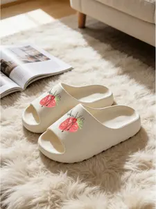 1 Pair Beige Sweet Strawberry Print Slides Cute Fresh Style Anti-slip Quick-drying Ultra-soft Cushioned EVA Thick Sole Casual Slippers For Sweet Girls Daily Wear