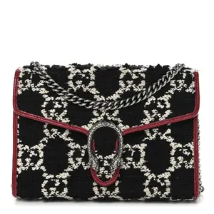 Pre-owned GUCCI Tweed Shoulder Bags GG Monogram Mini Dionysus Chain Wallet Black White Romantic Cherry