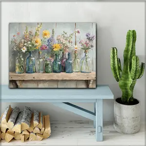 Wildflower 2D Flat Canvas Wall Art Print with Wood Frame - Vibrant Glass Bottles on Retro Shelf, Multi-Size Home Office Decor, Ready to Hang