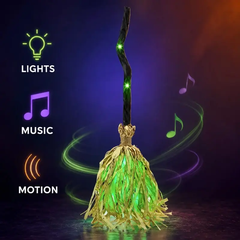 Animated Floating Witch Broom Halloween Decor,Party Decor Supplies Party Decor Design Party Atmosphere Props Scene Decorations,Glowing Lights & Spooky Sounds, Touch & Sound Activated, Auto Obstacle Avoidance, Bendable Foldable, Spooky & Silent Modes