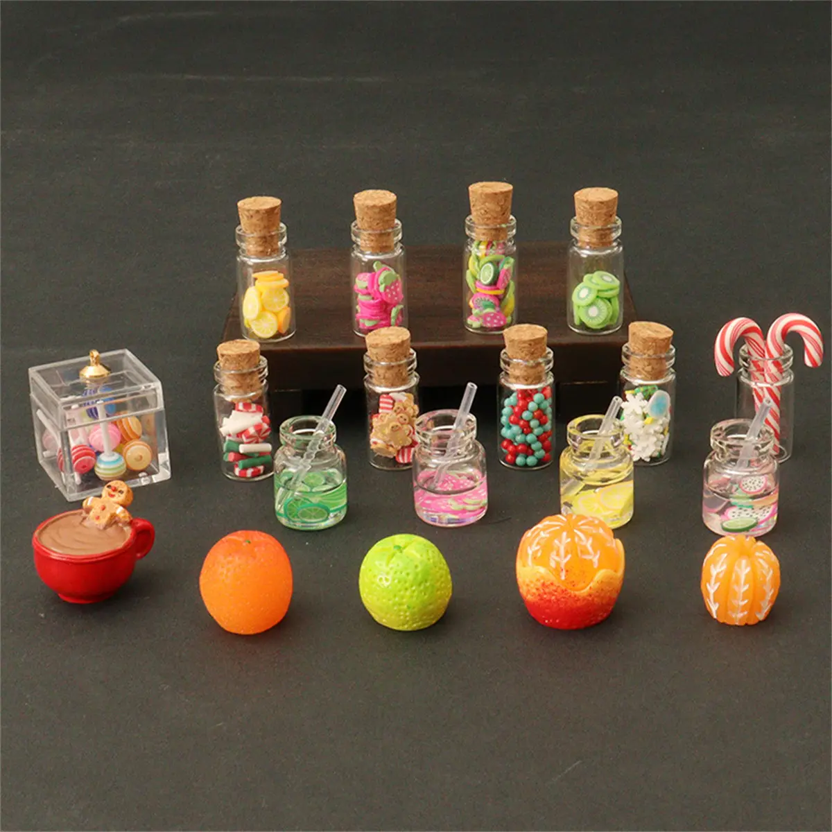 17pcs Unisex Doll House Accessory Set - Festive Christmas Miniature Decoration Kit with Glass Bottles, Candy, Gingerbread Man, Lollipops, BJD Props for Boys, Holiday Cheer Enhancement, Colorful Drinks Display
