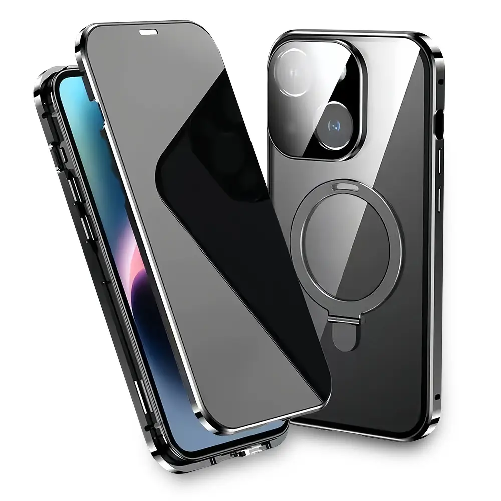 Magnetic Privacy Case for iPhone 16 15 14 13 12 Pro Max Plus, [Compatible with MagSafe] Double-Sided Glass Privacy Phone Case with Stand and Camera Le