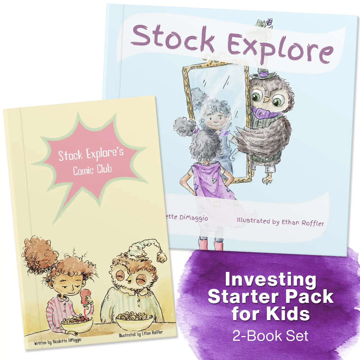 Stock Explore – Kids Money Book Bundle (2 Books: Stock Explore + Comic Club) - Stock Explore — Storybook Adventure - Stock Explore’s Comic Club — Vocab + Practice Comics