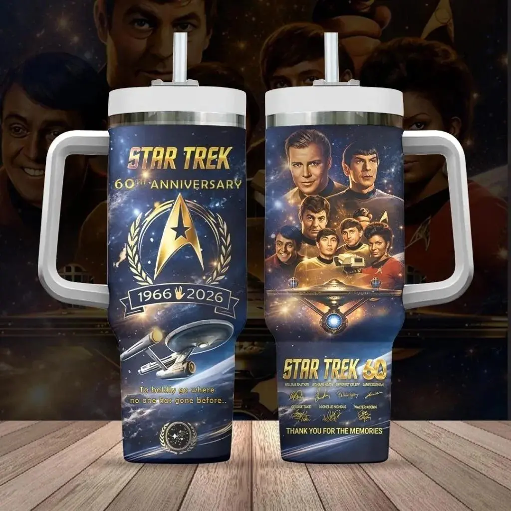 Star Trek 60th Anniversary 1966–2026 40oz Tumbler With Handle, Classic Star Trek Cast Travel Mug, Sci-Fi Fan Gift, USS Enterprise Insulated Cup