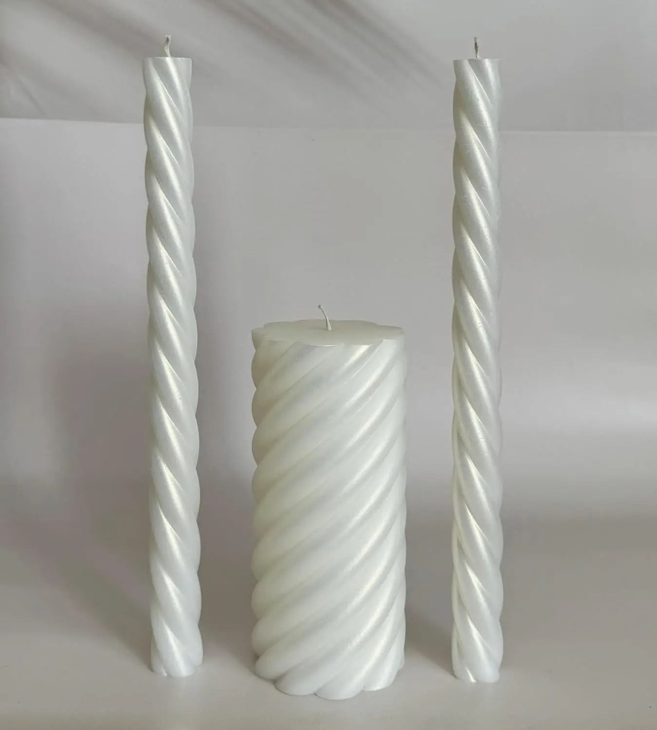 Unity Candle Set for Wedding Ceremony Ivory Twist Handmade White 6" Pillar & 10" Taper Candles with Wooden Taper Candle Holders Included, Modern Wedding Decor, Long Burning, Unscented