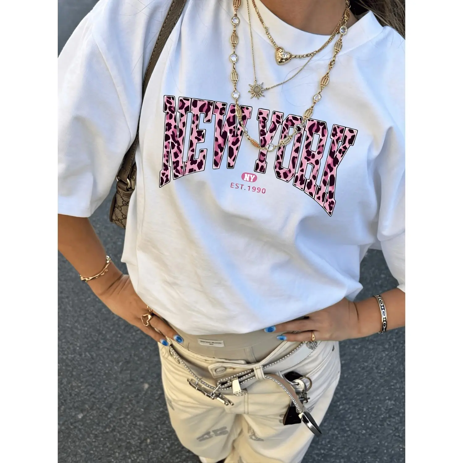 Y2K Graphic Cotton T-shirt Teen Girls New York Graphic Tee Oversized Round Neck Short Sleeve Lettering T-shirt Machine Washable Stretch Summer Casual Daily Vacation Party Wear for Teenagers