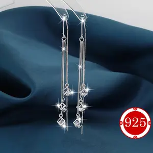 [925 Sterling Silver Tassel Earrings] Elegant 925 Sterling Silver Cubic Tassel Design Pendant Earrings-Hypoallergenic, Suitable for Daily Wear and Special Occasions, Perfect Gift for Her