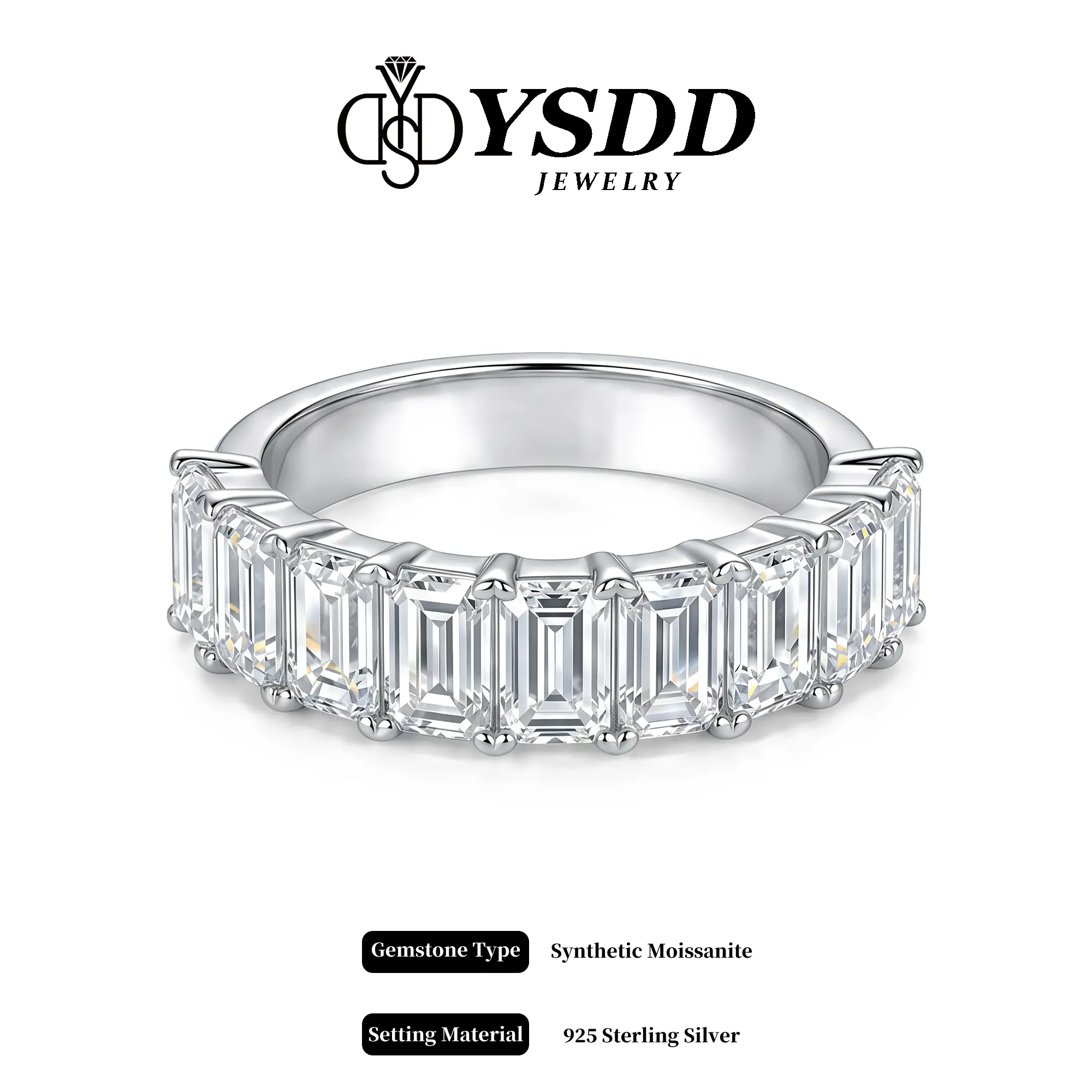【#723 New Arrival】Refined 9-stone 4.5CT Emerald Cut Semi-band vvs Synthetic Moissanite Rings in 925 Sterling Silver
