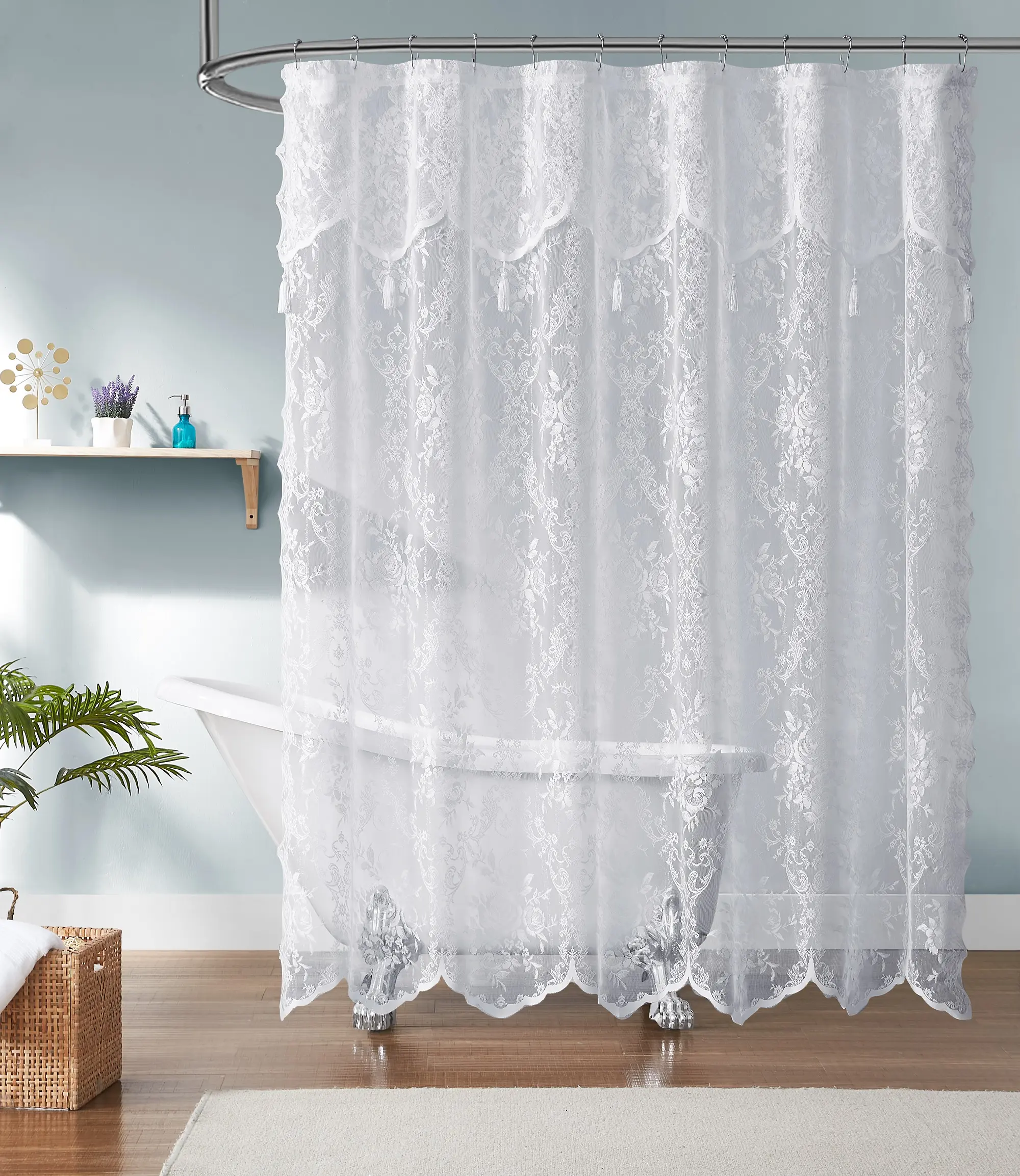 WARM HOME DESIGNS Lace Shower Curtain with Attached Valance and Tassels. Luxury Boho Farmhouse Shower Curtains Come in Many Colors and 4 Sizes.
