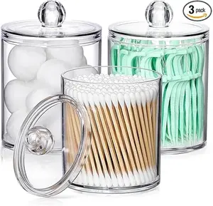 Clear Qtip Holder Dispenser Set – 10oz Plastic Apothecary Jars for Cotton Balls, Swabs, Round Pads, Floss Picks & Bathroom Vanity Storage